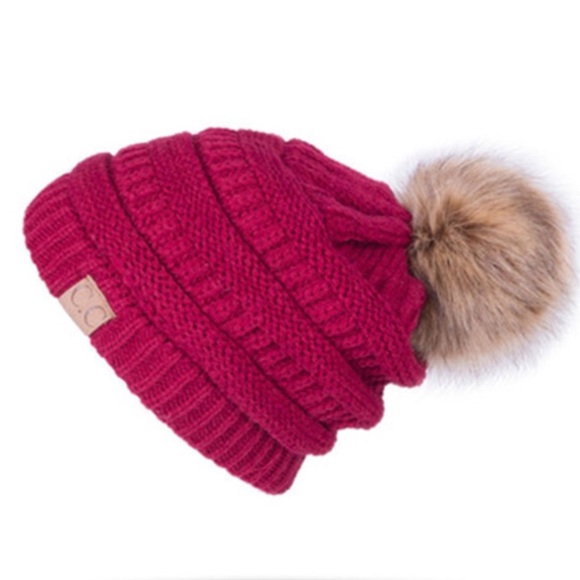 C.C Accessories - 🚫Sold🚫C.C Burgundy Cable Knit Beanie Fur Pom Pom